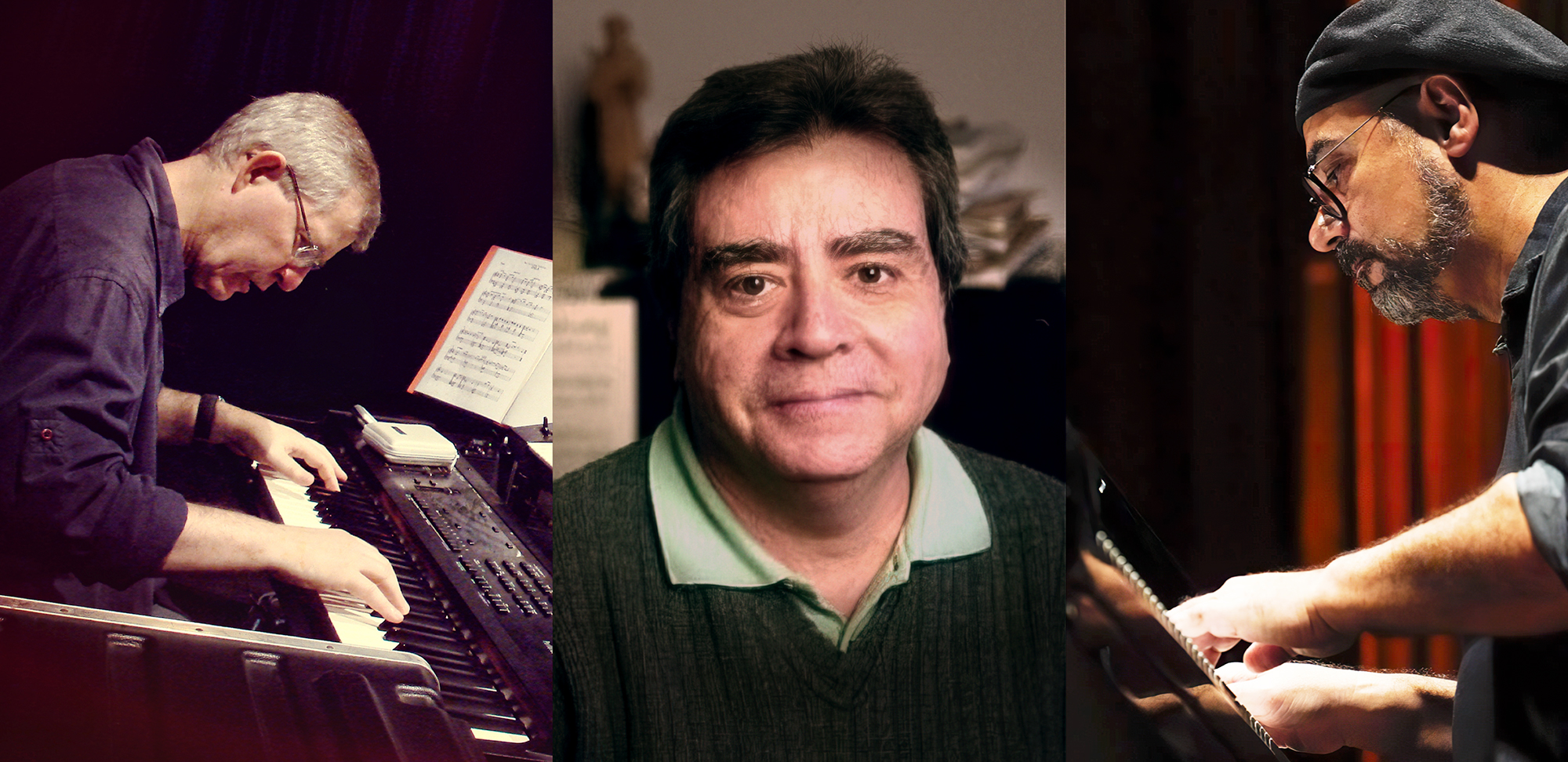 Montagem com fotos de Lelo Nazario, Almeida Prado e Paulo Braga. Os três são homens brancos. Lelo e Paulo estão tocando piano. Almeida Prado aparece no meio, em uma imagem de seu rosto.